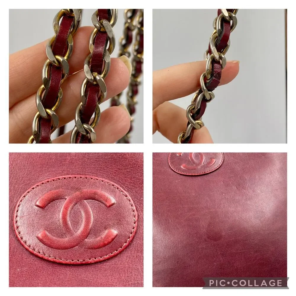 Chanel Burgundy Lambskin Leather Flat Tote Bag Large Classic CC Chain Vintage